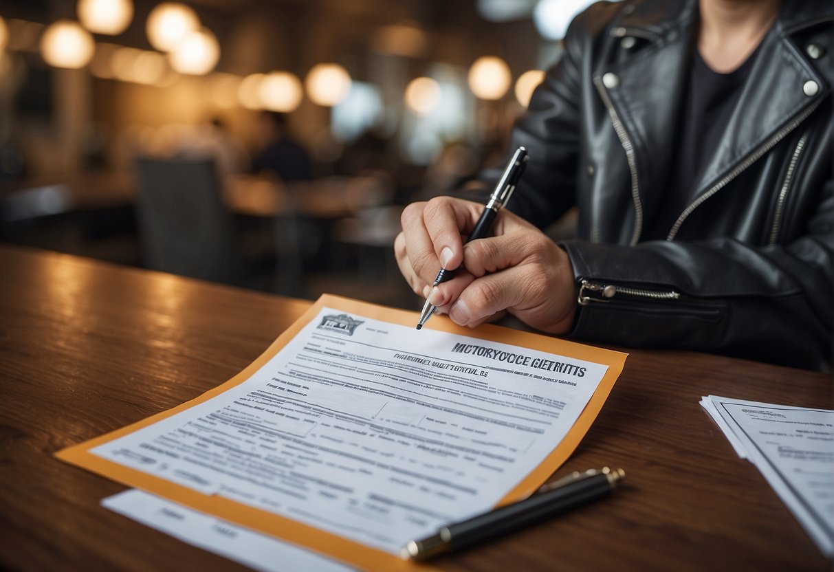 A person holding a motorcycle license application form and a pen, with a sign displaying "Eligibility Criteria for Motorcycle License" in the background
