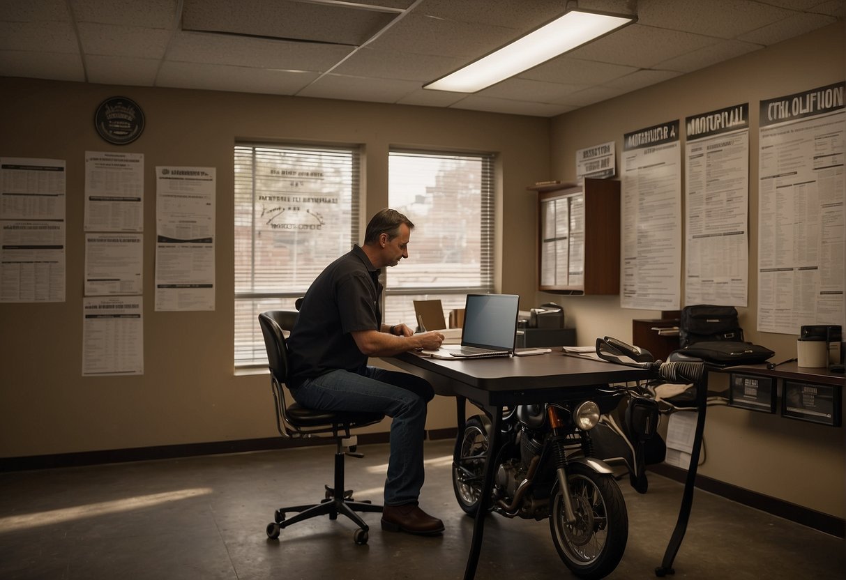 A motorcyclist sits at a desk, filling out paperwork. A sign on the wall reads "Motorcycle Licensing in Austin." An instructor stands nearby, explaining the process