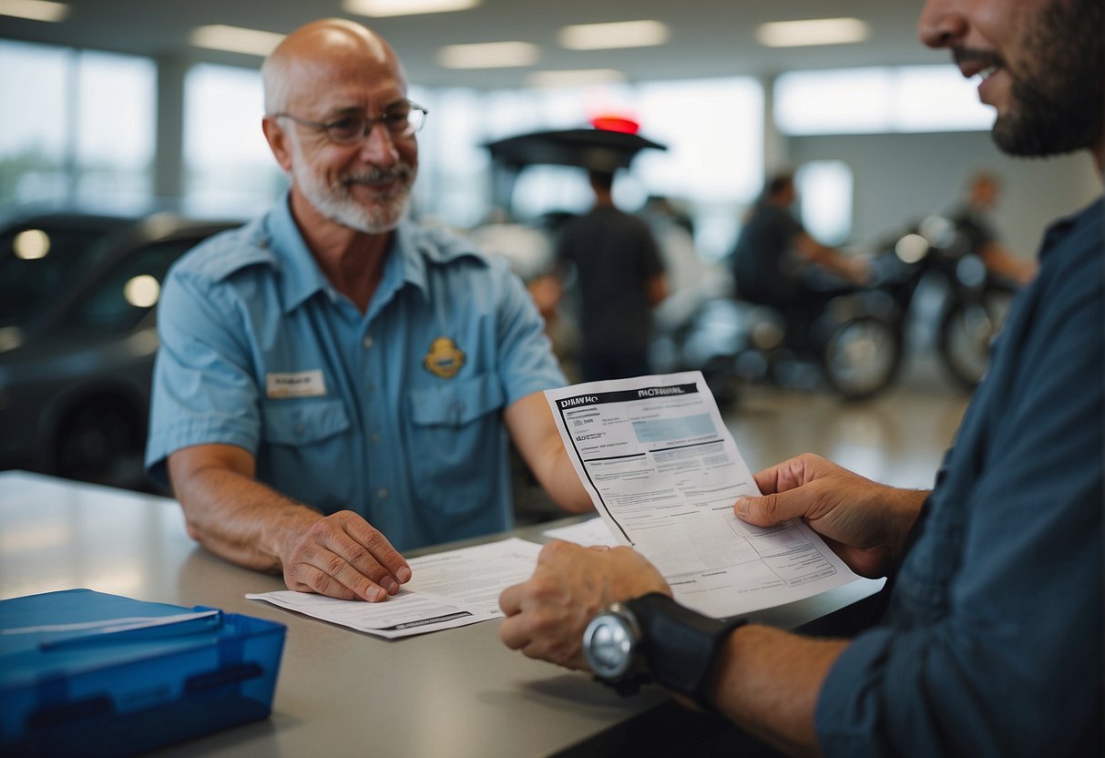 A person hands over documents to an official at a DMV counter, with a motorcycle parked outside